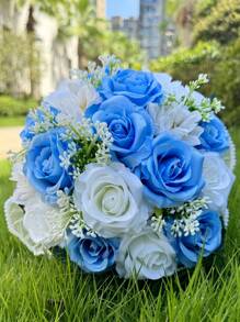 1朵新娘婚禮花束，象牙白新娘花束，人造花婚禮花束，帶絲帶伴娘花束，情人節，裝飾珍珠蕾絲網玫瑰花束