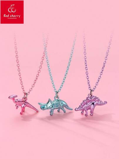3pcs/Set Kids Girls' Dinosaur & Crocodile Zinc Alloy Colorful Electroplating Cute Necklace Set, Suitable For Casual Jewelry