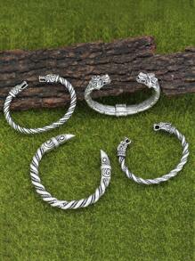 GuoShuang 4 件精美维京口部护身符男士手链 - 仿古镀银，复古合金珠宝，无马赛克设计，是送给狼爱好者情人节的完美礼物 - 復古銀色 - 查看 5