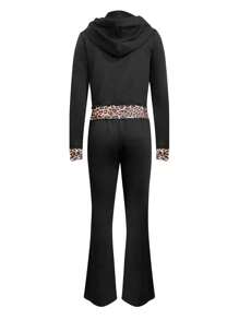 LovelyWholesale Women's Fashion Casual Hooded Drawstring Pocket Zipper Leopard Print Patchwork Jacket Boot Cut Pants Autumn And Winter - Black - View 6