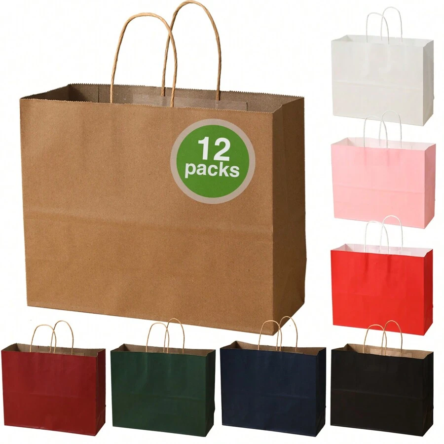 12个大号礼品袋散装袋 16.5英寸X12.2英寸X5.1英寸 彩色纸袋带手柄，购物袋，杂货袋，派对礼品袋，婚礼袋，圣诞节情人节