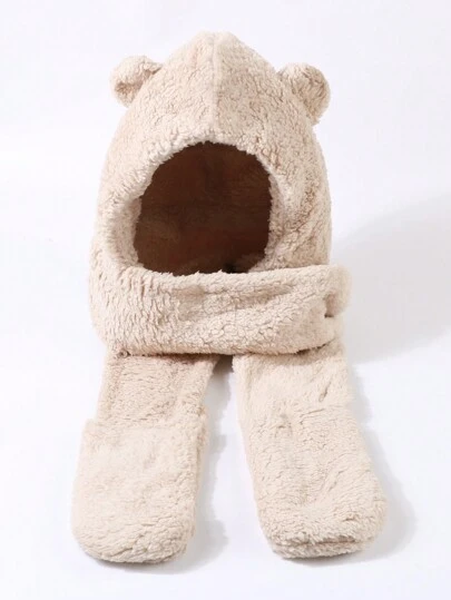 1頂女士卡通耳朵裝飾蓬鬆休閒帽子帶圍巾,可愛的冬季物品