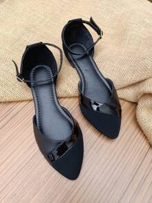 Salome Elegant Strap Pointed Toe Salome Open Sandal White Buckle Tie Female Adult Black Flat Fashion Embellishment Shoe Original Footwear Strap Women's Flats - màu đen - Xem 4