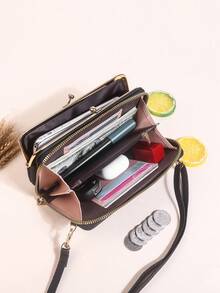 Thời trang Vải Litchi-Kết cấu Chuỗi Trang trí Khóa kéo Nội thất Ví Điện thoại PhShoulder Bag Với Dây đeo Có thể điều chỉnh Ví đeo tay Túi đựng điện thoại Cover - màu đen - Xem 8