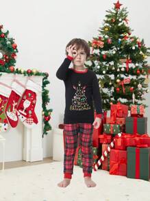 Young Boy 2pcs Christmas Family Matching Snug Fit Pajama Set, Christmas Tree Print Long Sleeve Top & Pants, Cozy Holiday Home Outfit - Multicolor - View 4
