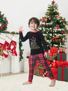 Young Boy 2pcs Christmas Family Matching Snug Fit Pajama Set, Christmas Tree Print Long Sleeve Top & Pants, Cozy Holiday Home Outfit - Multicolor - View 5