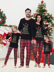 Young Boy 2pcs Christmas Family Matching Snug Fit Pajama Set, Christmas Tree Print Long Sleeve Top & Pants, Cozy Holiday Home Outfit - Multicolor - View 3