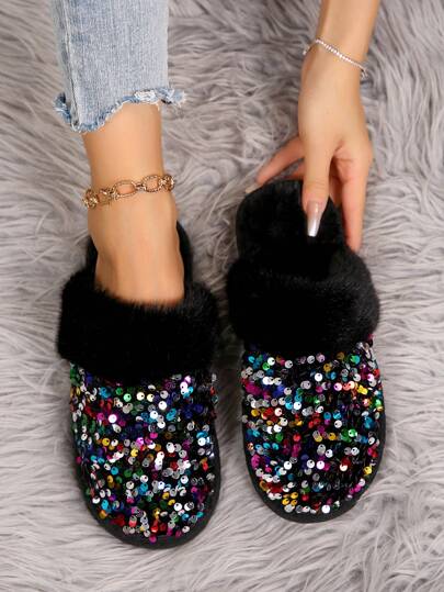 2024 时尚女士蓬松闪光软底拖鞋，室内保暖衬里，适合冬季家居服