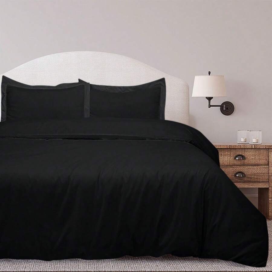 Conjunto de 3 piezas: Ropa de cama Royal Linens, fundas de edredón de cama matrimonial con cierre de cremallera, de microfibra con doble cepillado - Negro - Ver 1