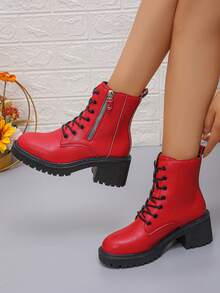 女士经典新款多巴胺款中筒靴 - 紅色 - 查看 2