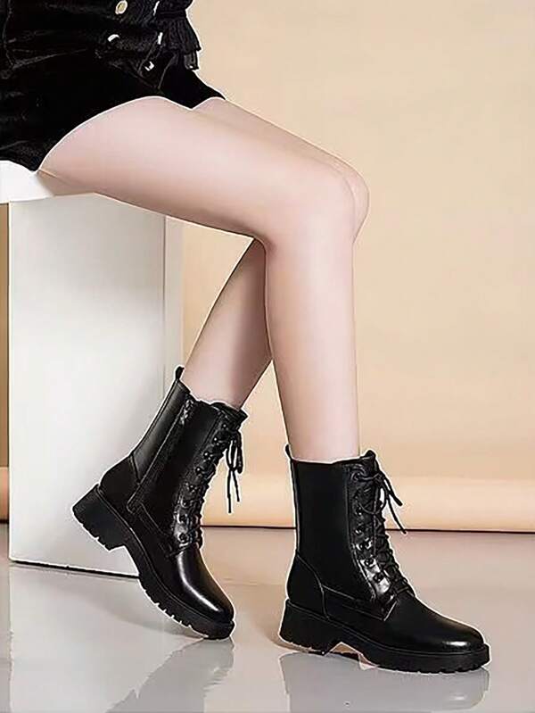 Women's Thermal Lined Boots, Thick Sole Lace-Up Vintage Short Boots, Fashion