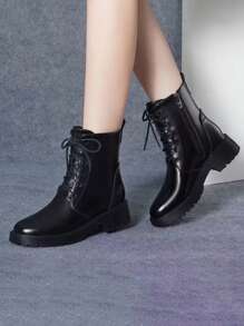 女士保暖内衬靴，厚底系带复古短靴，时尚