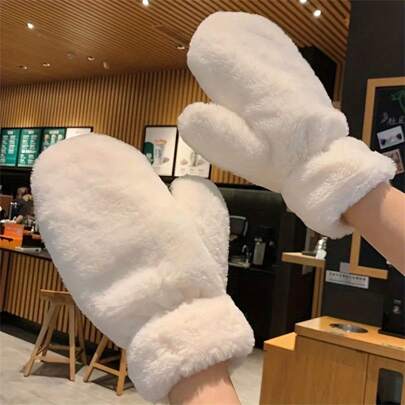 1pair Cozy Winter Mittens - Soft, Plush, Fluffy, Windproof, Full-Finger Gloves With Elastic Polyester For Casual Weekend Wear, Thick, Warm, And Comfortable Hand Protection Thermal, Hand Warmer, Ski Gloves, Winter Gloves, Snow Gloves