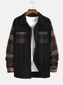 Men Plaid Contrast Color Collar Pocket Design Casual Fashion Daily Versatile Long Sleeve Shacket - Black - View 1