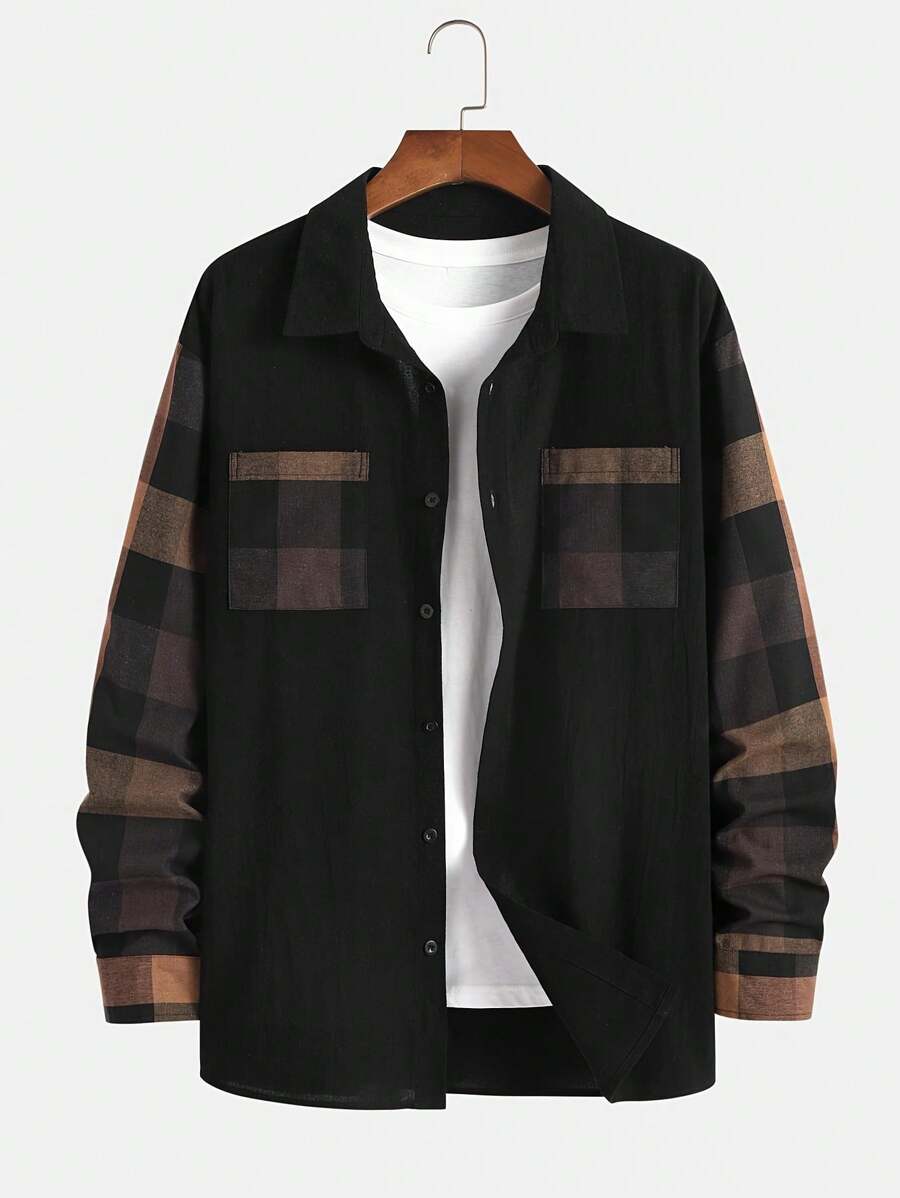 Men Plaid Contrast Color Collar Pocket Design Casual Fashion Daily Versatile Long Sleeve Shacket - Black - View 1