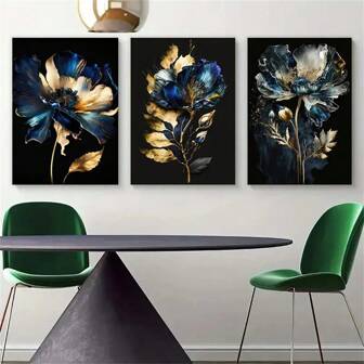 Framed/Unframed 3 Pieces Abstract Golden Blue Flower Canvas Painting Blue And Black Wall Art Modern Flower Wall Art Nordic Poster And Prints Modern Painting Wall Art Picture Living Room Home Decoration Wooden Frame Gifts Birthday Graduation