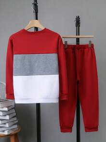 2 Stücke Set 2024 für Tween-Jungen, Farbblock-Stickerei, Buchstaben, lockeres, lässiges Sweatshirt mit Rundhalsausschnitt + bequeme Hose, 2 Stücke Outfit