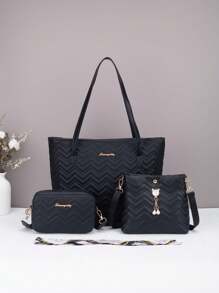 3 件套：双层波浪绗缝单肩手提包，配套迷你方形单肩包和带猫吊坠的水桶包，适合女孩和女士在多种场合穿着