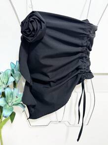 Women's Summer Top With 3d Flowers Decorated With Lace Side Strapless - 黑色 - 查看 1