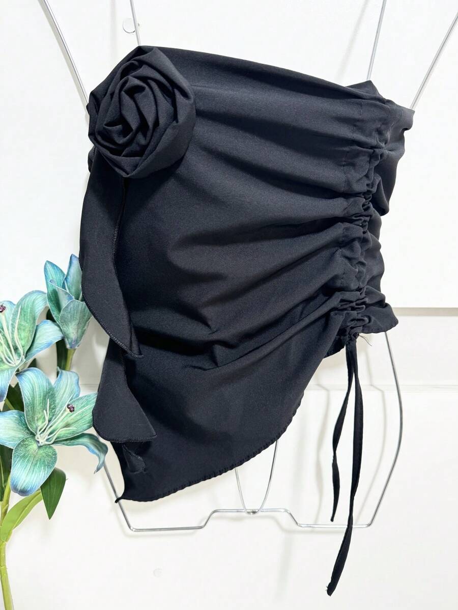 Women's Summer Top With 3d Flowers Decorated With Lace Side Strapless - 黑色 - 查看 1