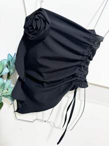 Women's Summer Top With 3d Flowers Decorated With Lace Side Strapless - 黑色 - 查看 2