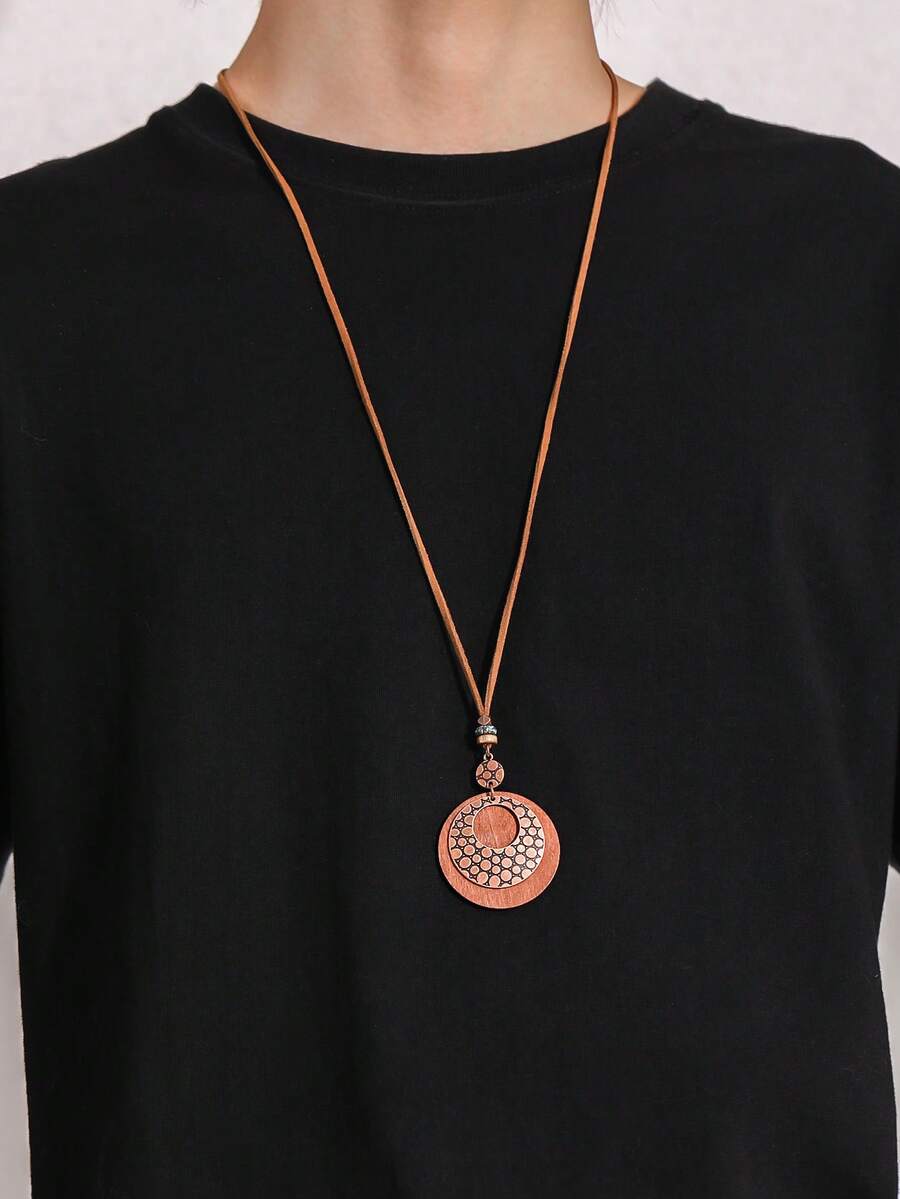 1pc Retro Wood & Metal Circle Shaped Long Pendant Necklace, Men Gift