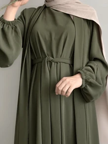 女士长袍端庄长袖阿巴雅长裙两件套服装（不含头巾） - 軍綠色 - 查看 3