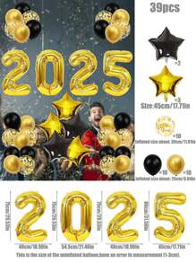 39 件新年气球套装，32 英寸粉红金银色玫瑰金黑色绿色数字气球，18 英寸星形铝箔气球，适合新年快乐派对装饰 - 彩色 - 查看 13