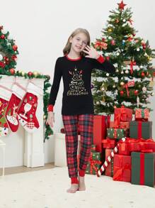 2pcs Young Girl Christmas Family Matching Snug Fit Pajamas - Xmas Tree Print Long Sleeve Top And Pants, Comfortable Holiday Pajama Set - Multicolor - View 4