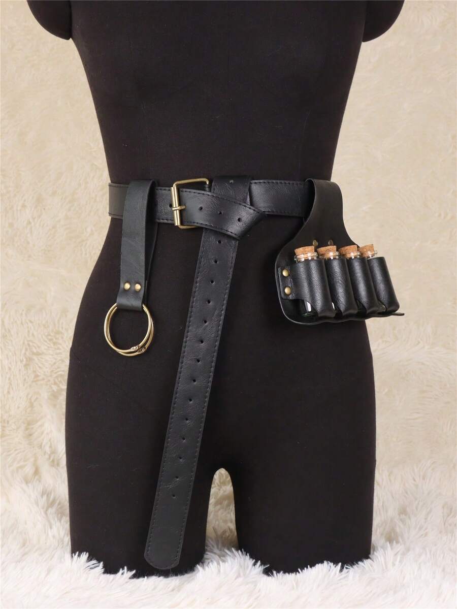 3PCS Faux Leather Medieval Belt Renaissance Dress Clip Witch Magic Bag With 4 Glass Bottles Cosplay Props Halloween - Black - View 1