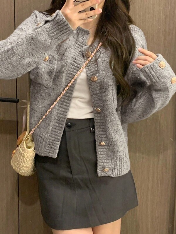 1 pieza Cárdigan de punto oversize suave y vintage para mujer, estilo casual de alta gama, color gris, otoño/invierno