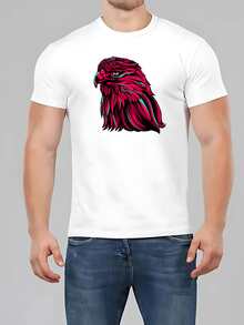 Men's Basic T-Shirt With Colorful Eagle Print, 100% Cotton Knit, Short Sleeve, Round Neck - 白色 - 查看 1