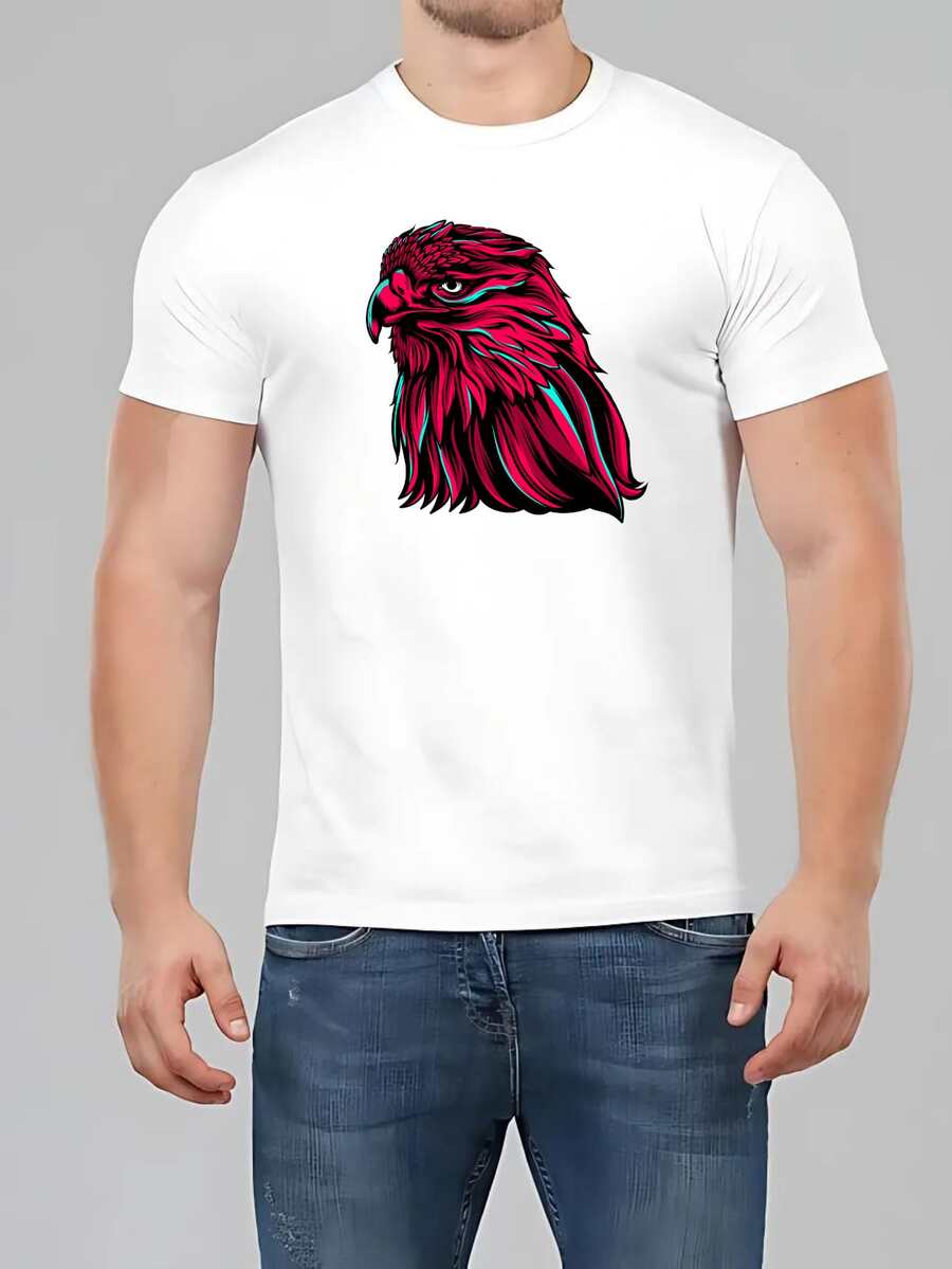 Men's Basic T-Shirt With Colorful Eagle Print, 100% Cotton Knit, Short Sleeve, Round Neck - 白色 - 查看 1