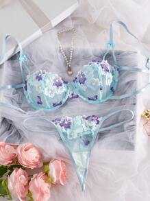 Damen Sommer Farbblock Blumenstickerei atmungsaktiver sexy Lingerie-Set, Rave