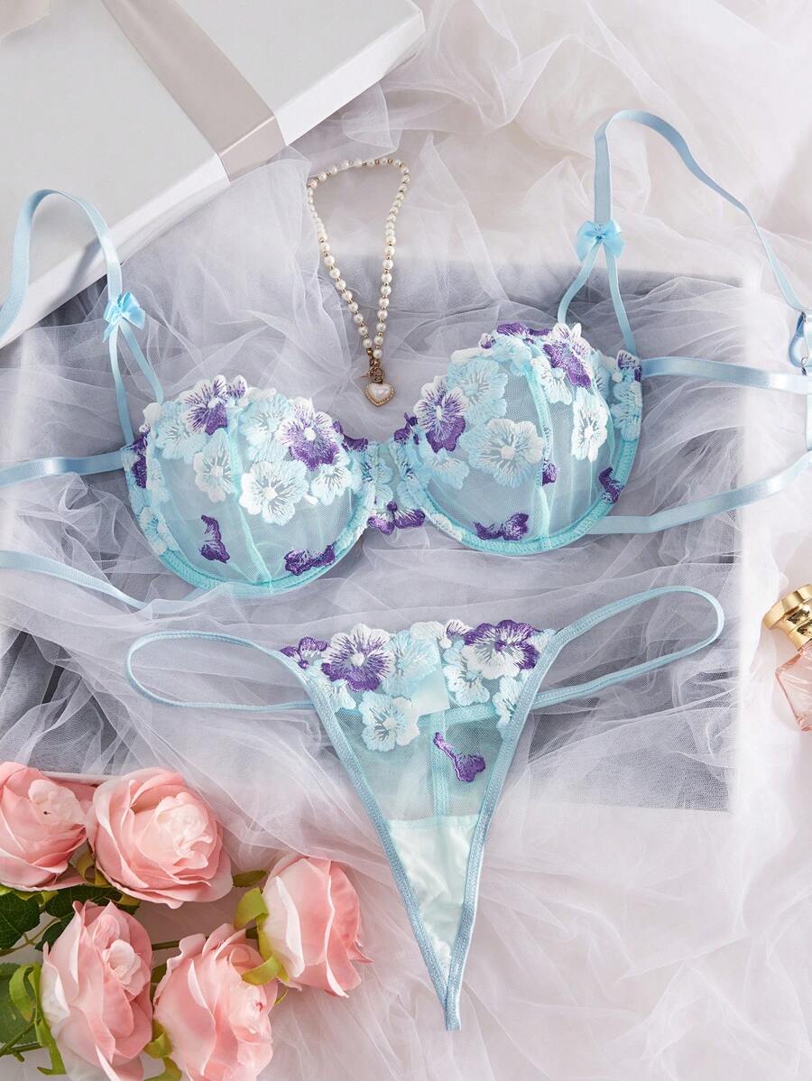 Damen Sommer Farbblock Blumenstickerei atmungsaktiver sexy Lingerie-Set, Rave