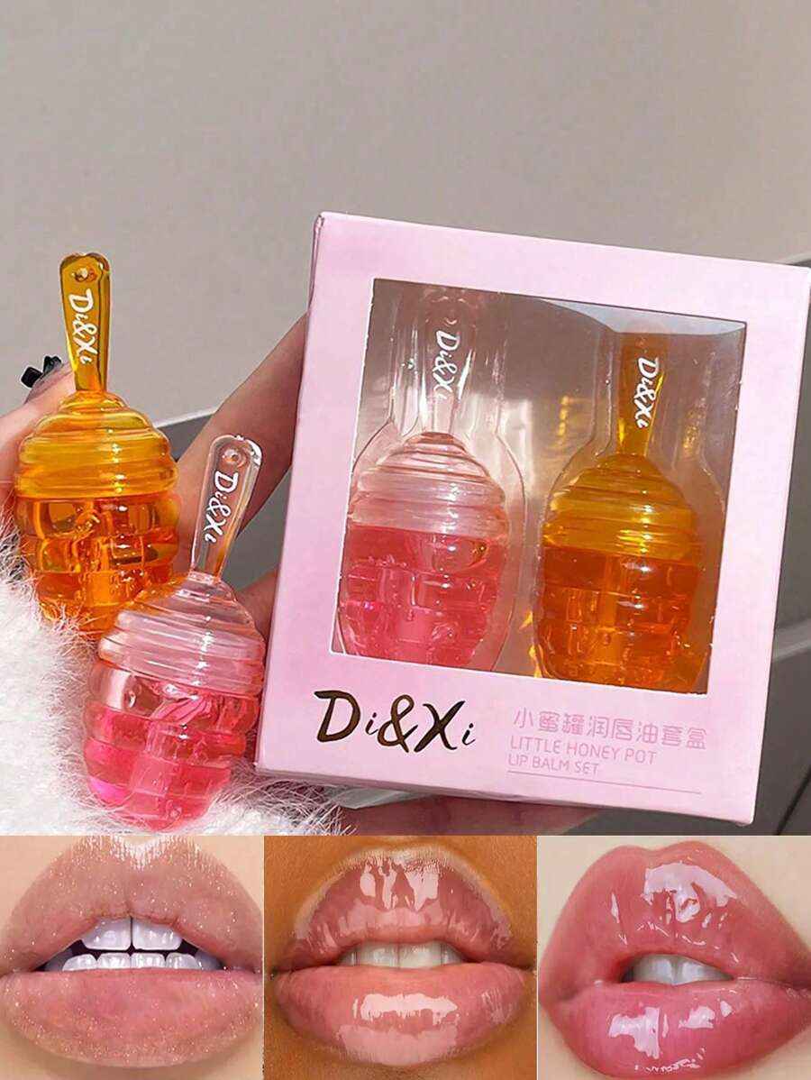 Little Honey Jar 唇油套装，不粘腻光泽润唇膏唇部护理，水果味唇油，适用于干燥嘴唇保湿补水滋养（桃子和蜂蜜） - 彩色 - 查看 1
