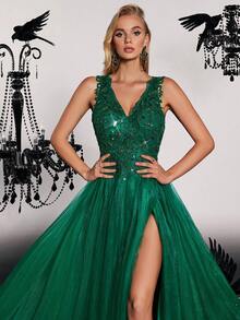 貴賓女孩高端露背晚禮服,配有高級手工珠片和刺繡 - 墨綠色 - 查看 8