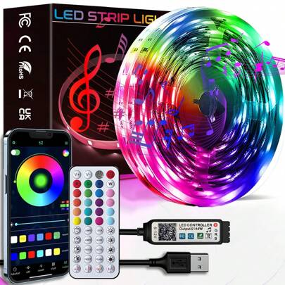 HBOWMDJIA 卧室 LED 灯带，带音乐同步变色和 APP 控制、定时灯光切换、带双面胶带安装包的灯，适用于家庭装饰、派对装饰、墙壁装饰、万圣节派对