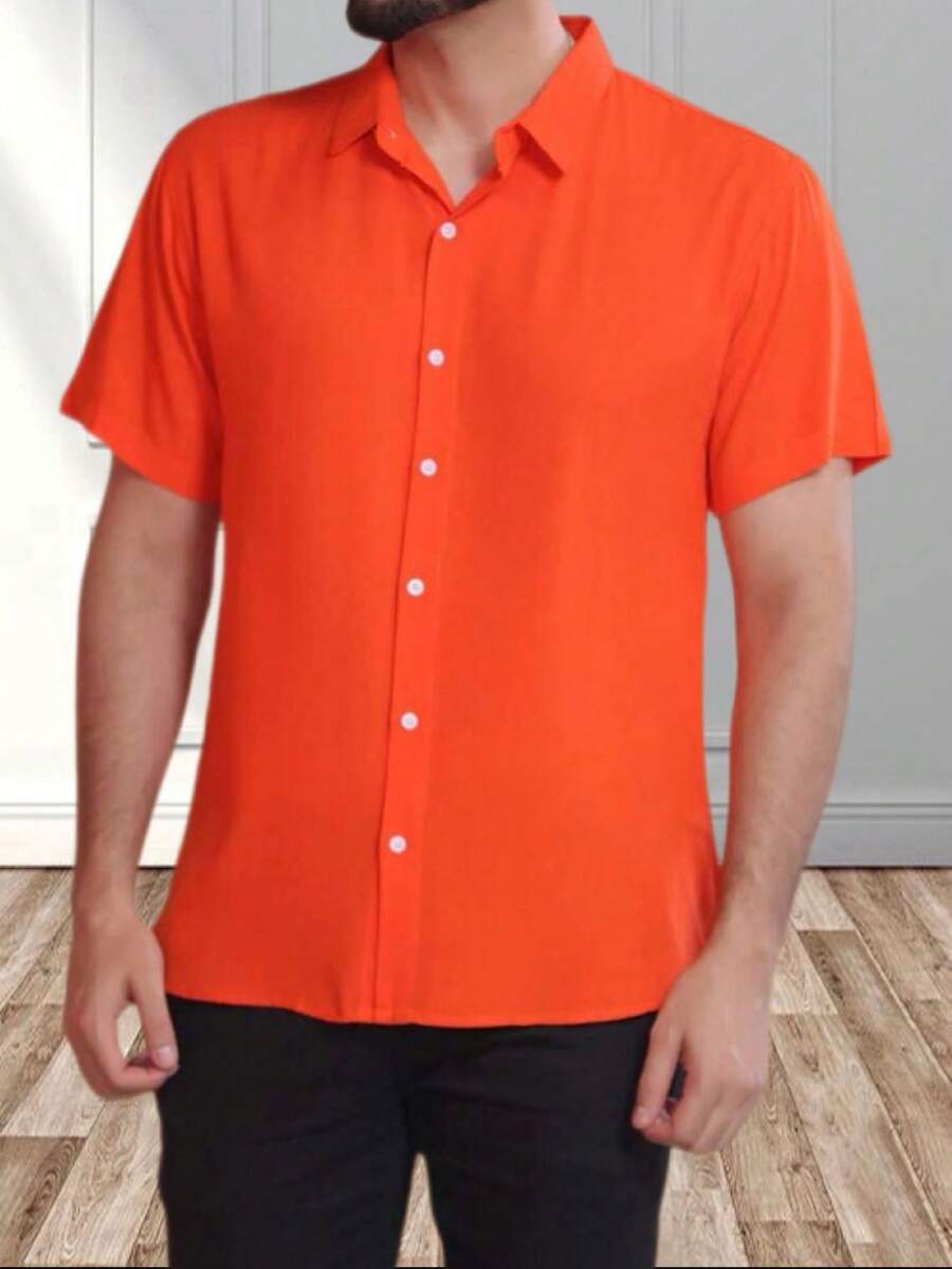 Men's Short Sleeve Shirt, Plain, Basic, With A Collar, Summer - Màu vàng - Xem 1