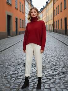 高领宽松纯色毛衣，休闲日常穿搭，秋冬