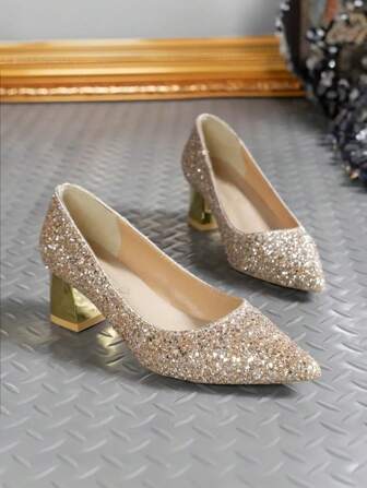 Fashion Women's Thick Heel Pointed Toe High Heels, Glitter Shiny Wedding Shoes, Waterproof Platform Dance Shoes, Comfort High Heel Pumps For Evening Party & Wedding