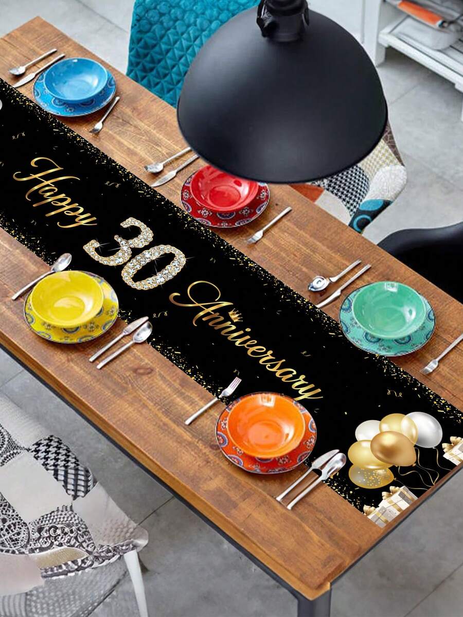 1pc Black Gold Happy 30 Anniversary Banner Table Runner Happy