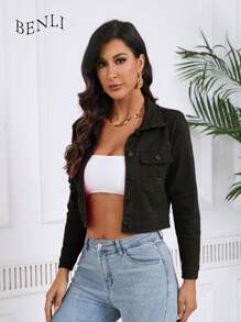 Women's Casual Solid Color Frayed Short Denim Jacket, Spring/Autumn - Black - View 1