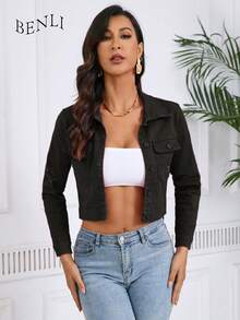 Women's Casual Solid Color Frayed Short Denim Jacket, Spring/Autumn - Black - View 2