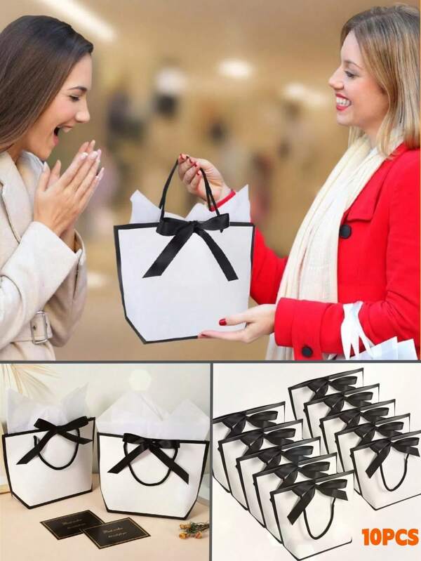 10 sztuk/5 sztuk/1 sztuka-torba dekoracyjna z kokardą, biała duża pojemność papierowa torebka, dekoracja prezentów na imprezę, na Boże Narodzenie, Halloween, Święto Dziękczynienia, Nowy Rok, torebka na propozycję ślubu dla druhny, urodziny, prezenty, prosta torba na zakupy w jednolitym kolorze, artykuły dla małych firm, torba do pakowania piekarni, czarno-biała torebka na prezent ze wstążką, majsterkowanie, przechowywanie kosmetyków, Boże Narodzenie