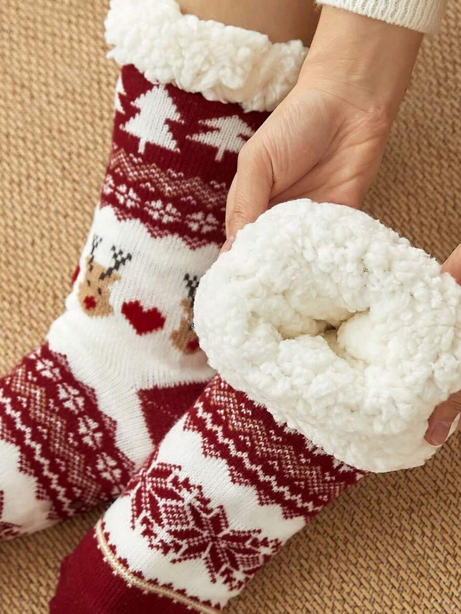 2 Pairs Kids Socks, Burgundy Soft & Cute Deer/Christmas Tree/Snowflake