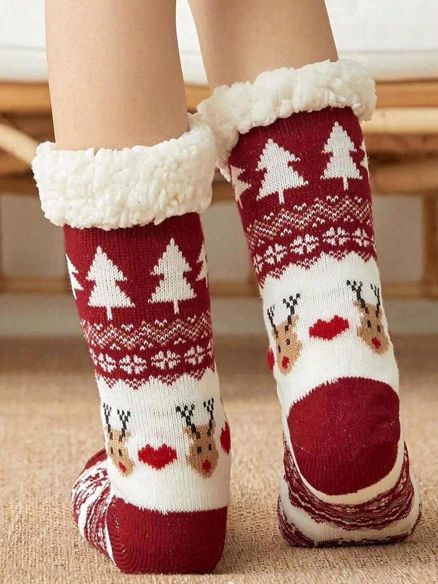 2 Pairs Kids Socks, Burgundy Soft & Cute Deer/Christmas Tree/Snowflake