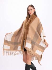 1pc Women Multicolor Fuzzy Faux Fur Collar Windproof Warm Fashion Elegant Poncho Shawl, Suitable For Outdoor, Party, Festive, Winter