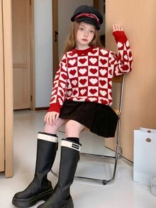 Tween 女童休闲心形马赛克图案圆领长袖毛衣，秋冬款 - 紅色 - 查看 3