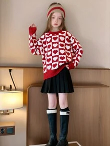 Tween 女童休闲心形马赛克图案圆领长袖毛衣，秋冬款 - 紅色 - 查看 4